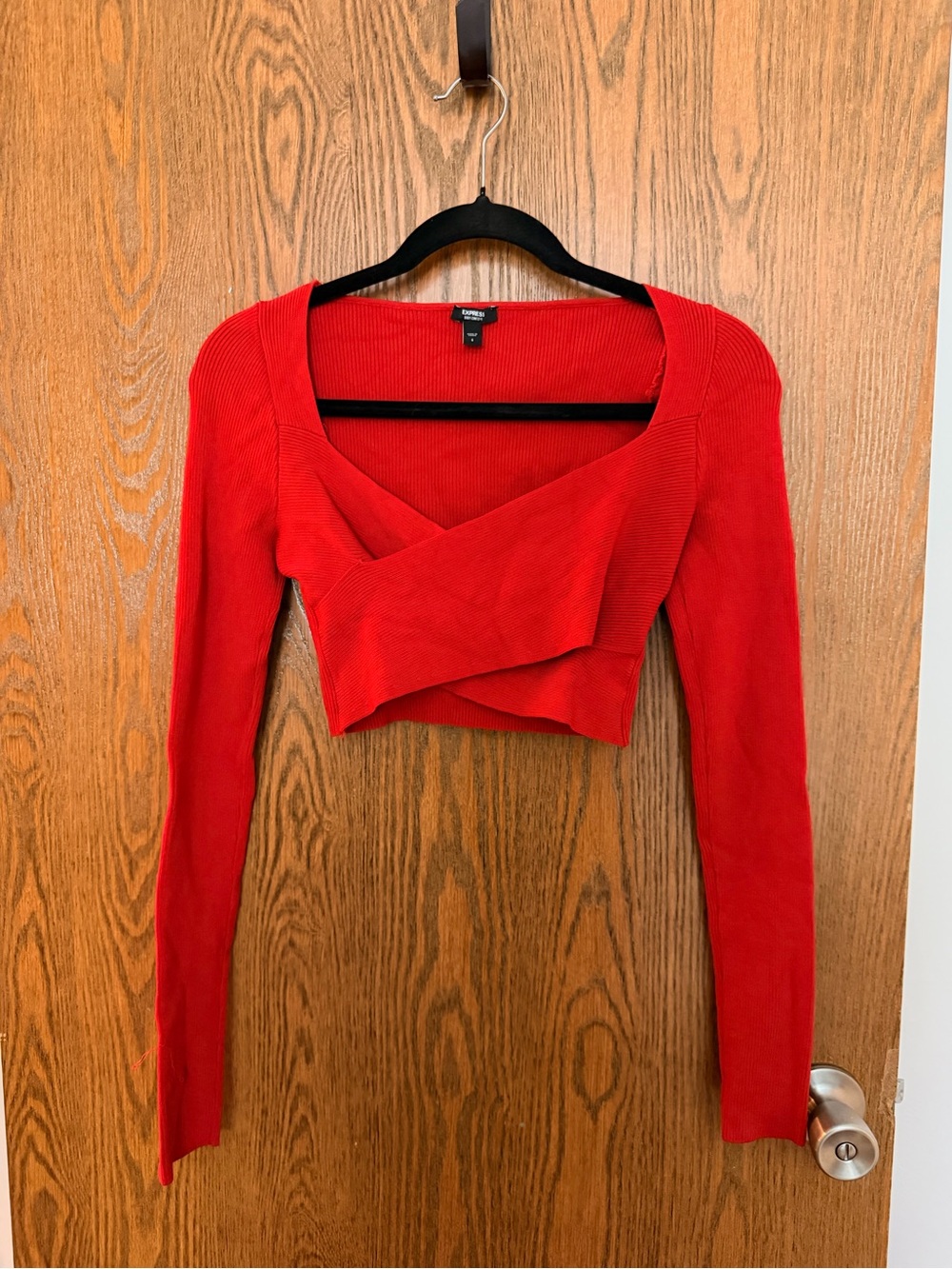 Express Red Ribbed Cropped Wrap Sweater